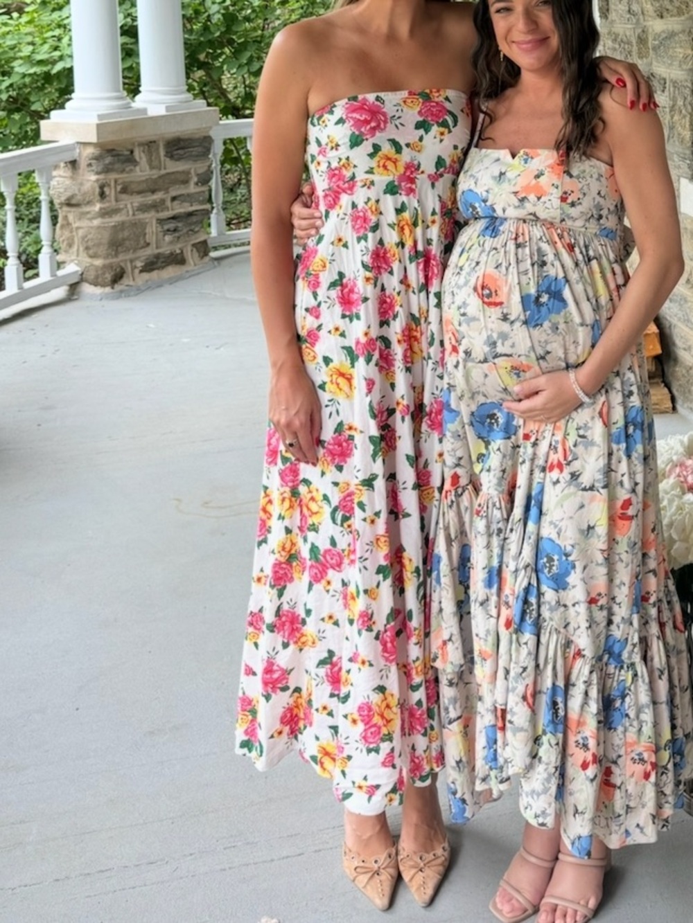 Floral Strapless Maxi Dress - White with Pink, yellow & Green Blooms